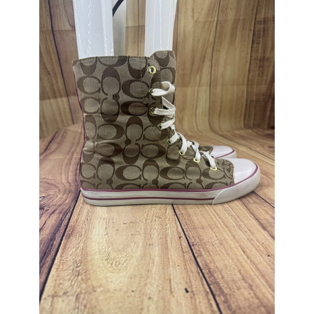 Coach Signature C Monogram High Top Sneakers Brown Khaki Magenta Pop Fold Over